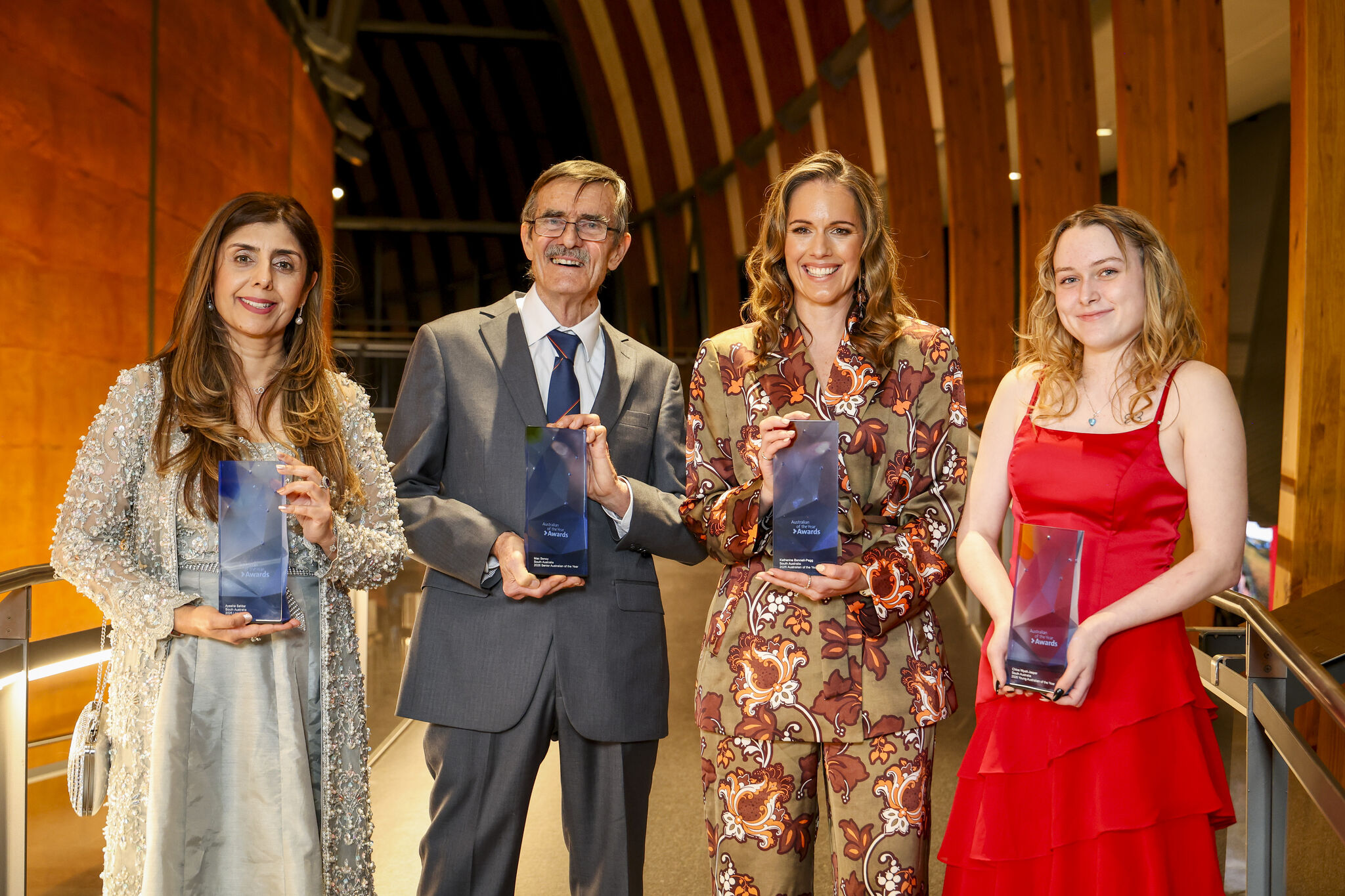 Katherine Bennell-Pegg along with 16-year-old mental health advocate Chloe Wyatt-Jasper, who is the state's next Young Australian of the Year, meteorological researcher Malcolm Benoy, who was named the SA Senior Australian of the Year, and community leader Ayesha Fariha Safdar, who secured the Local Hero award at the SA Australian of the Year Awards for 2025