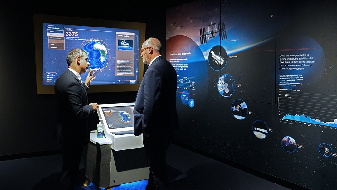 Minister for Science the Hon Senator Tim Ayres along with Head of the Australian Space Agency Enrico Palermo at a space debris exhibit at the Australian Space Discovery Centre