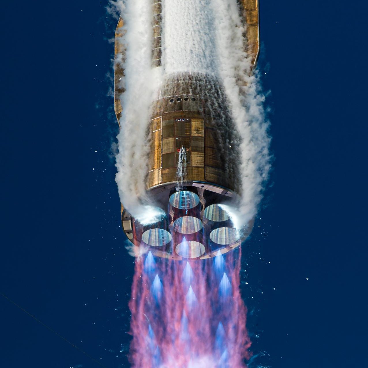 Close-up view of the methalox engines of the Blue Origin New Glenn rocket, during the NASA ESCAPADE launch, 2025. Credit: NASA