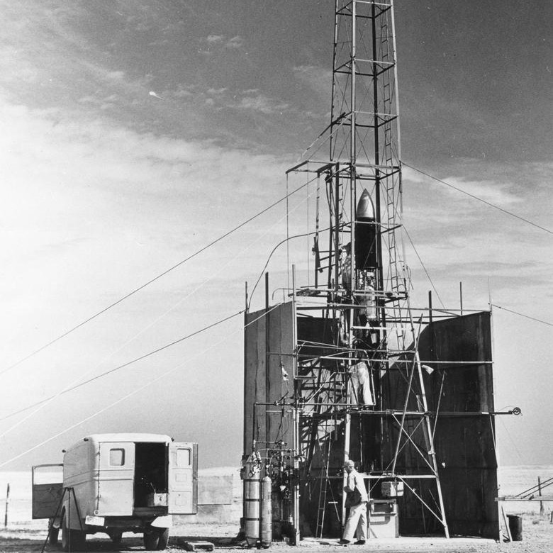 Dr. Robert Goddard's 22 foot rocket in it's launching tower, 1940, near Roswell, New Mexico.
