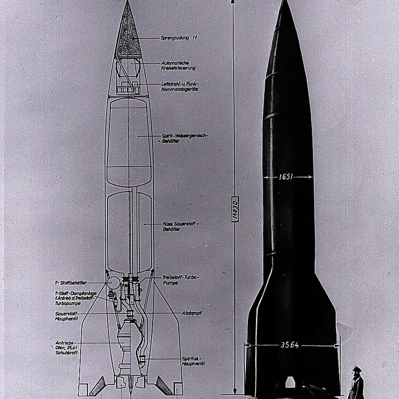 An original cutaway drawing of the A-4 (Aggregate-4) rocket, better known as the V-2 (Vengeance Weapon-2). Credit: NASA