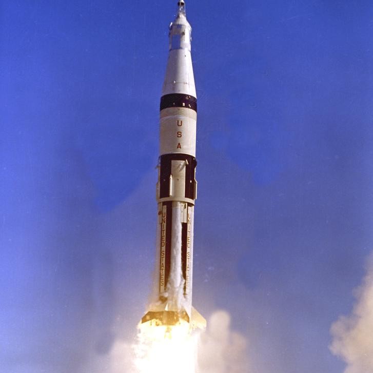 Apollo-7, the first crewed spaceflight to use the Saturn-IB vehicle, lifts off in October 1968. Credit: NASA