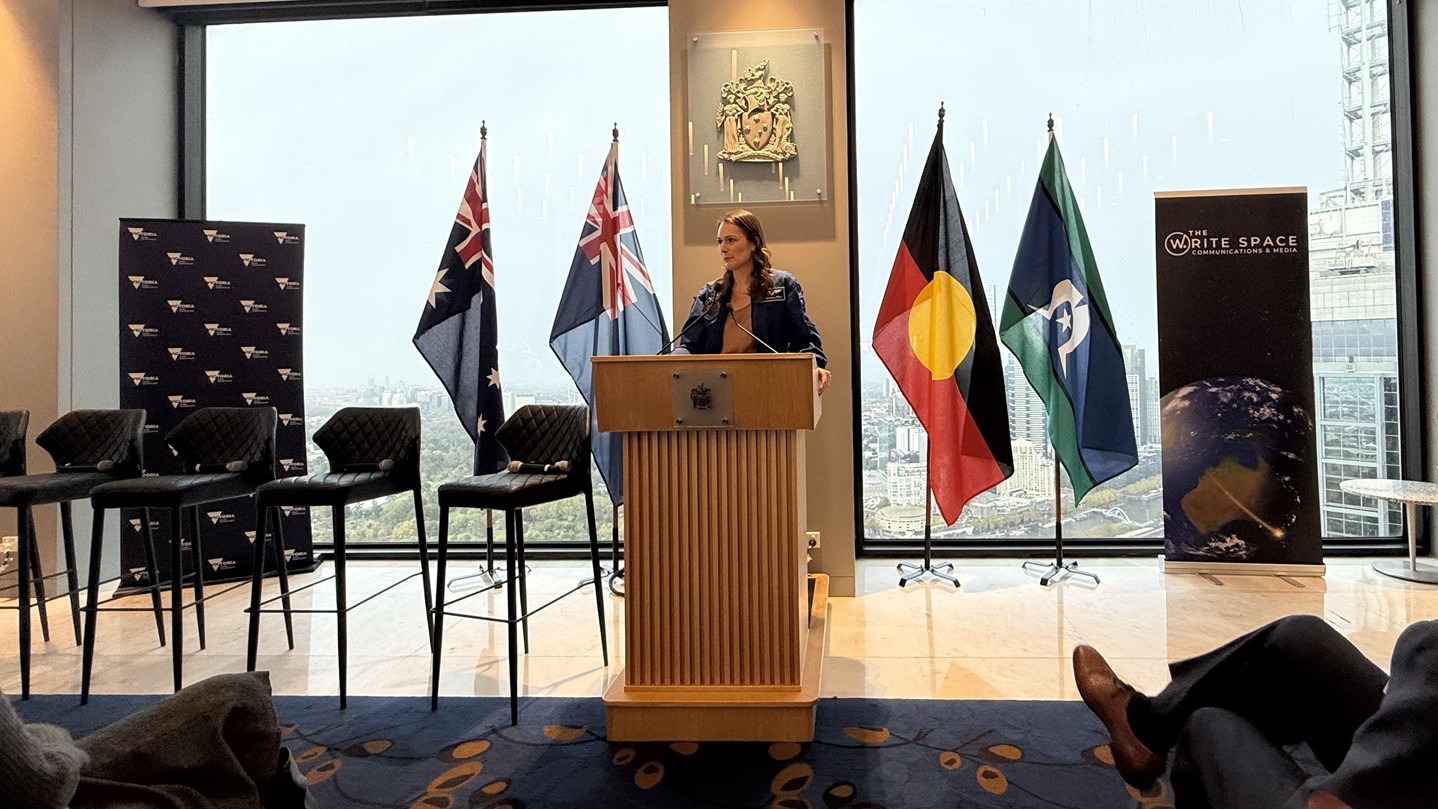 Australian astronaut Katherine Bennell-Pegg speaking at the Victorian Government Space Industry Breakfast