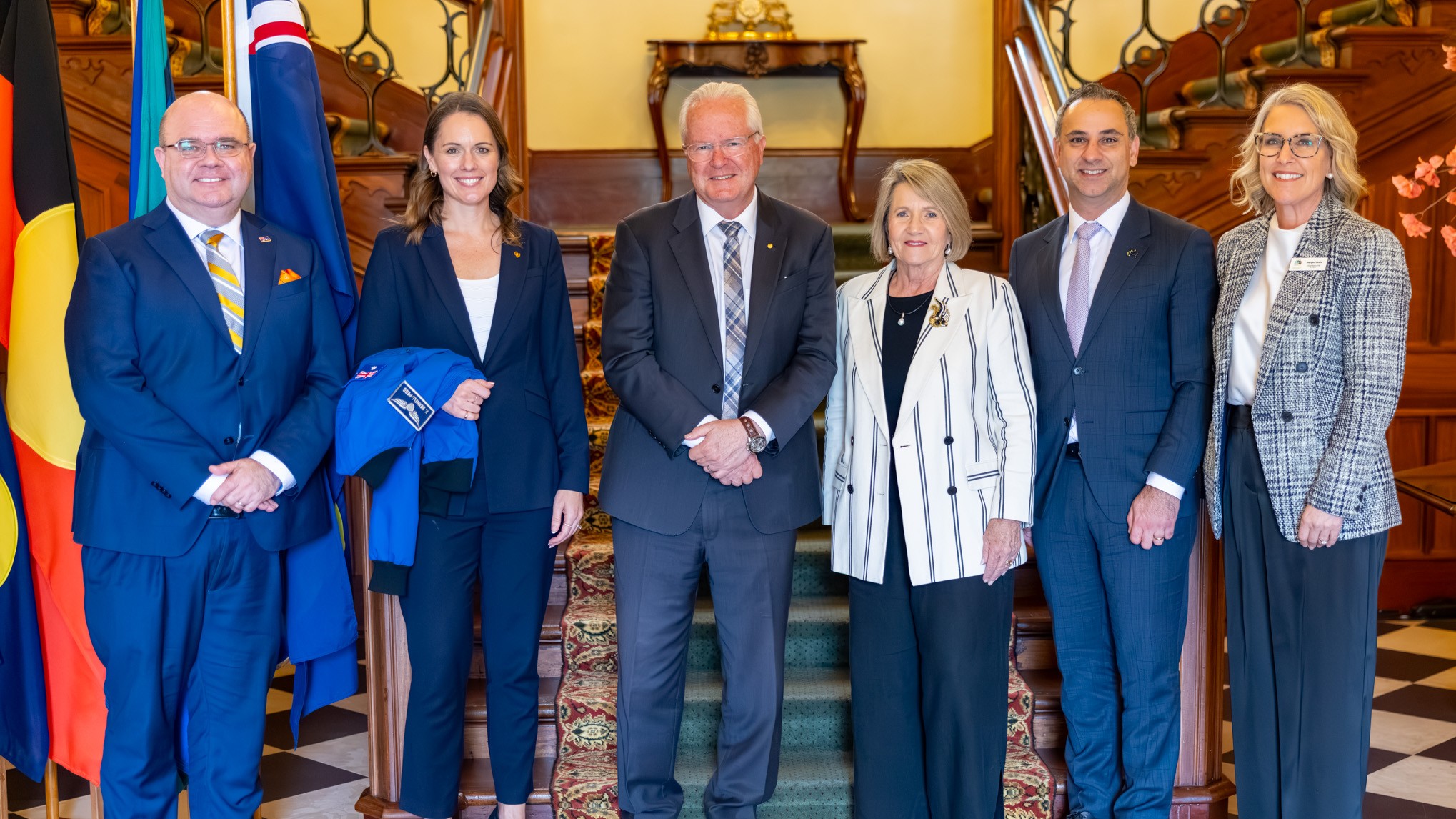Australian astronaut Katherine Bennell-Pegg and Head of the Australian Space Agency Enrico Palermo with His Excellency the Honourable Chris Dawson APM at the Government House Western Australia  Credit: Government House Western Australia