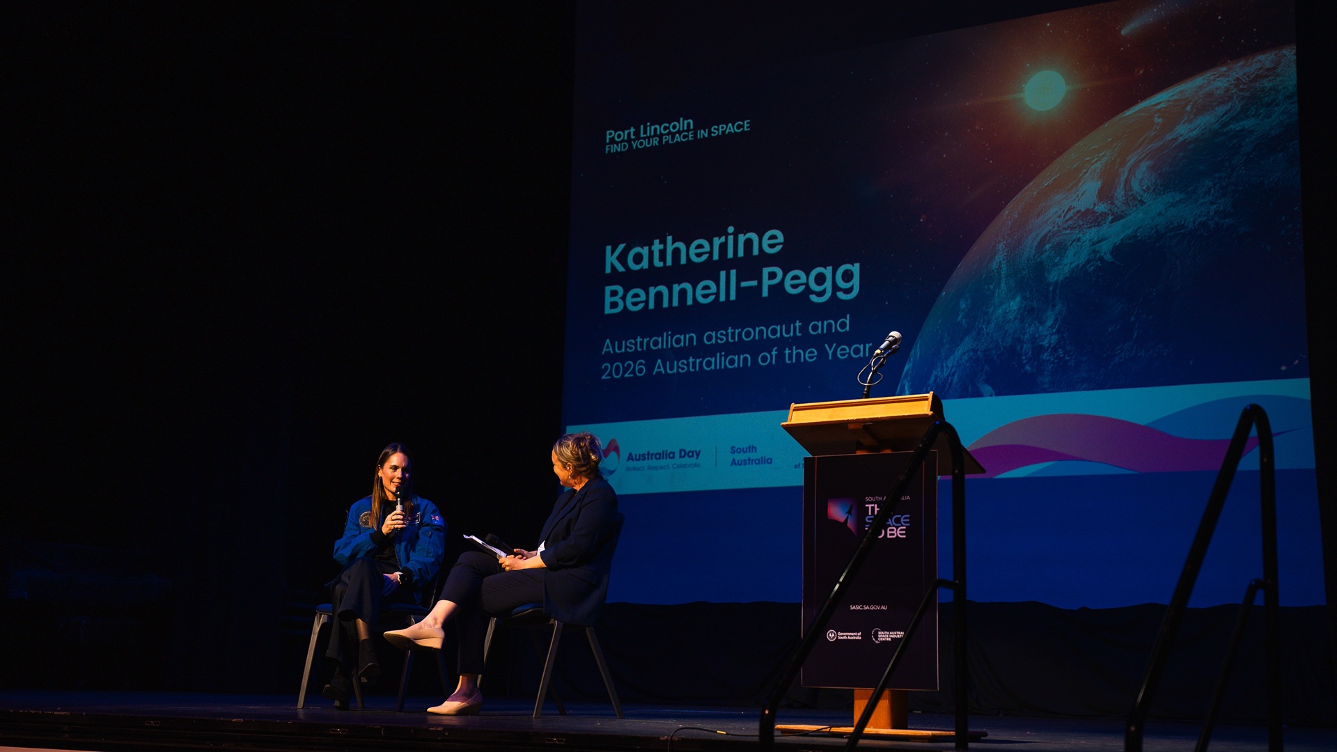 Australian astronaut Katherine Bennell-Pegg speaking at an event.