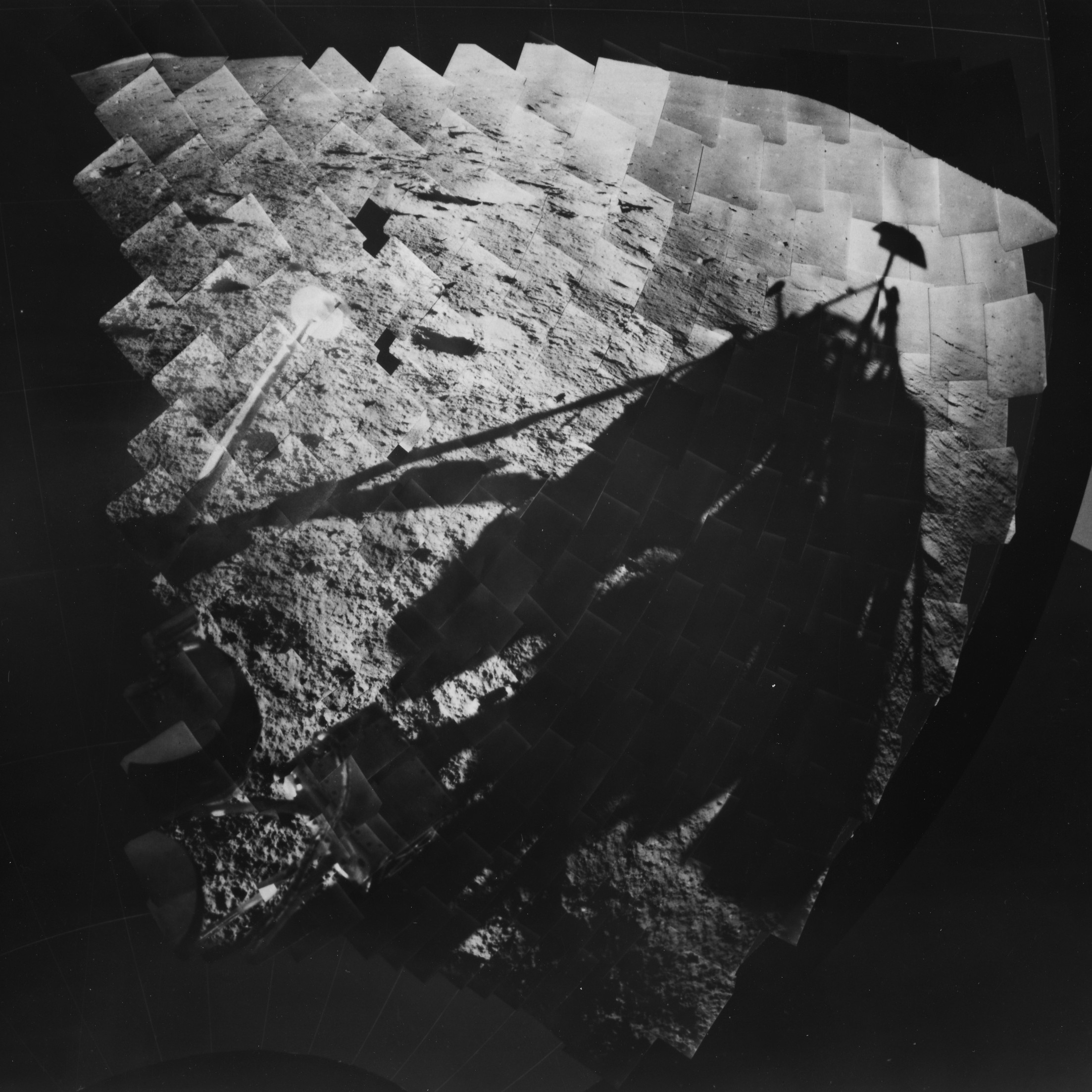 : Mosaic of images taken by Surveyor-1, creating a view of part of the spacecraft, its shadow on the Moon and the lunar surface.  Credit: NASA