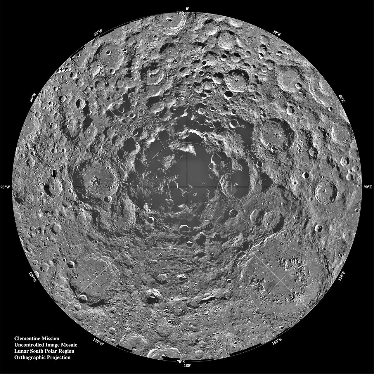 A composite view of the lunar south pole showing the permanently-shadowed craters where lunar ice was first detected.  Credit: NASA  