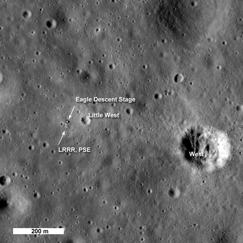 LRO high-resolution view of the Apollo-11 landing site, showing the lower stage of the Eagle Lunar Module and some of the instruments left on the Moon by Armstrong and Aldrin. Credit: NASA