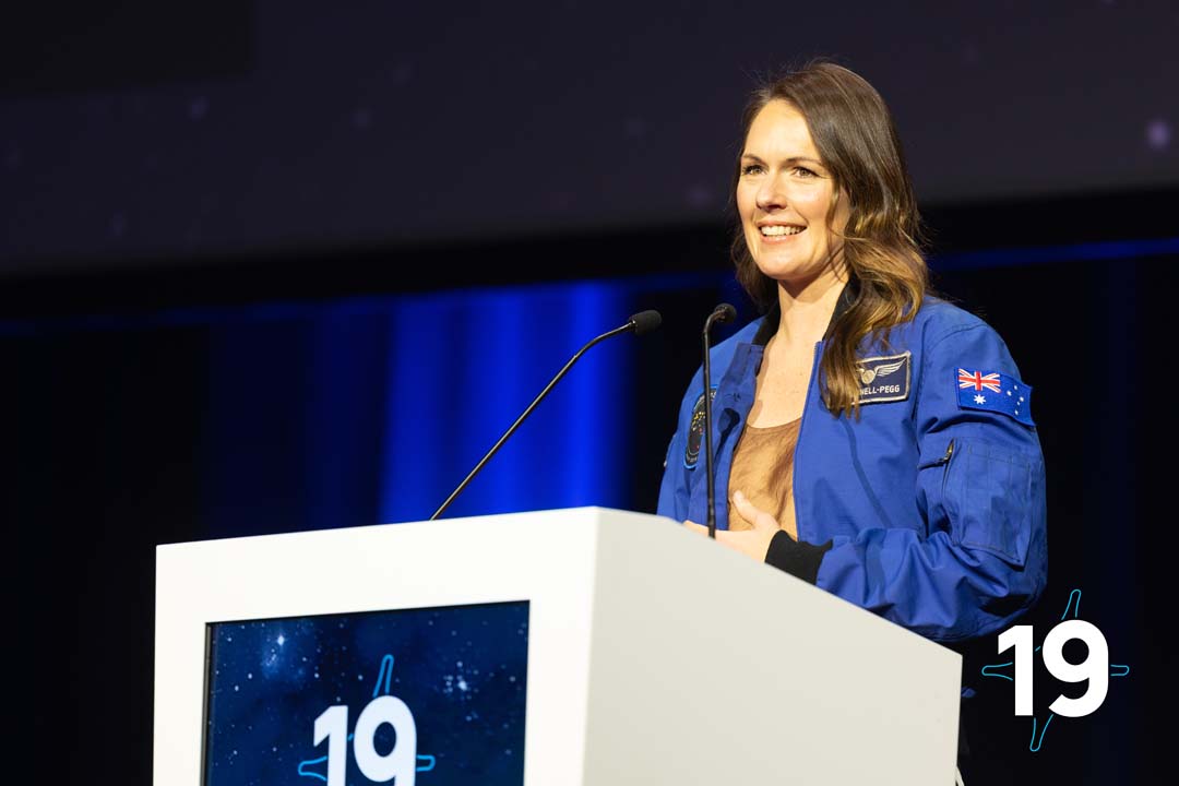 Australian astronaut Katherine Bennell-Pegg speaking at an event.