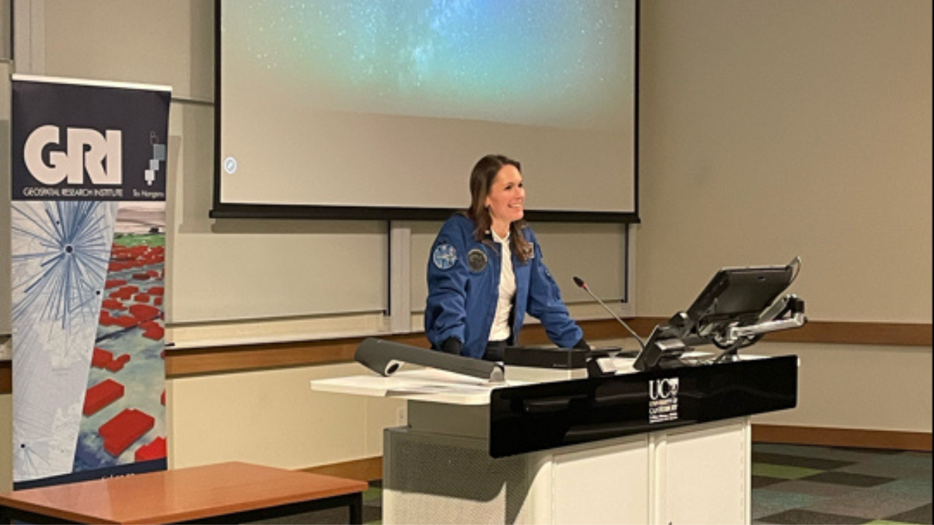 Australian astronaut Katherine Bennell-Pegg presenting at the Geospatial Research Institute, University of Canterbury