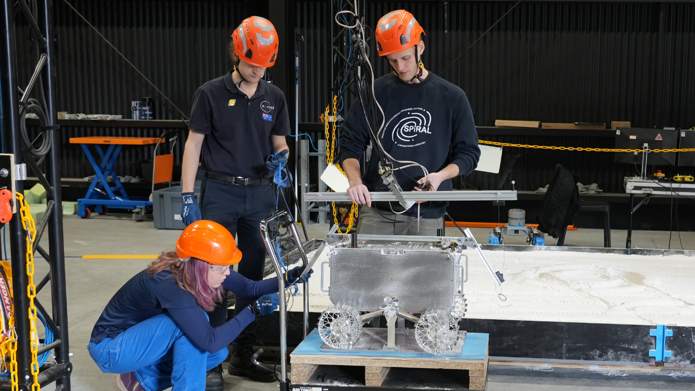 a new Roo-ver prototype that is Developed by the ELO2 consortium in partnership with the Australian Space Agency is being tested at Adelaide University's EXTERRES CRATER Facility