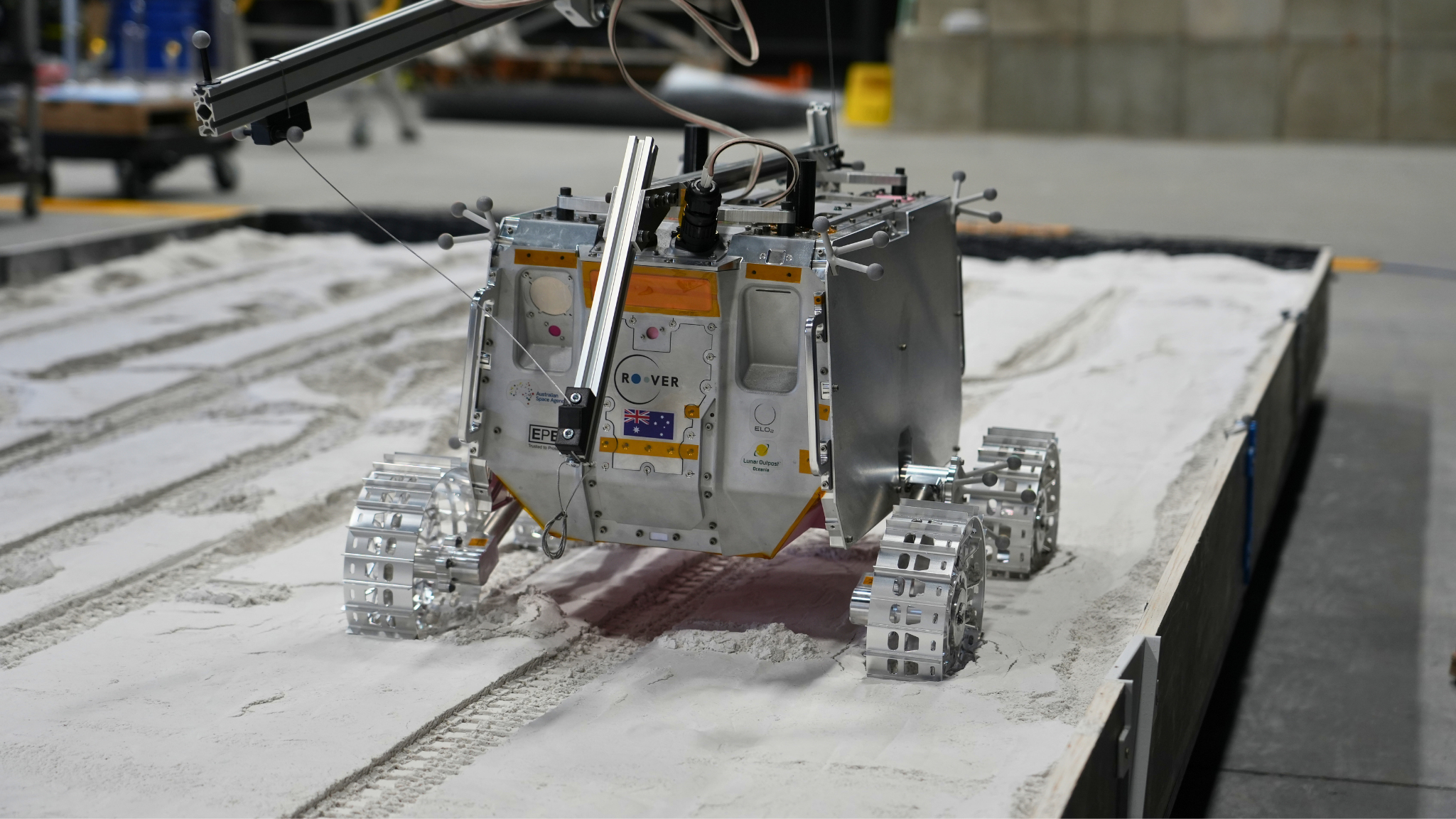 a new Roo-ver prototype that is Developed by the ELO2 consortium in partnership with the Australian Space Agency is being tested at Adelaide University's EXTERRES CRATER Facility