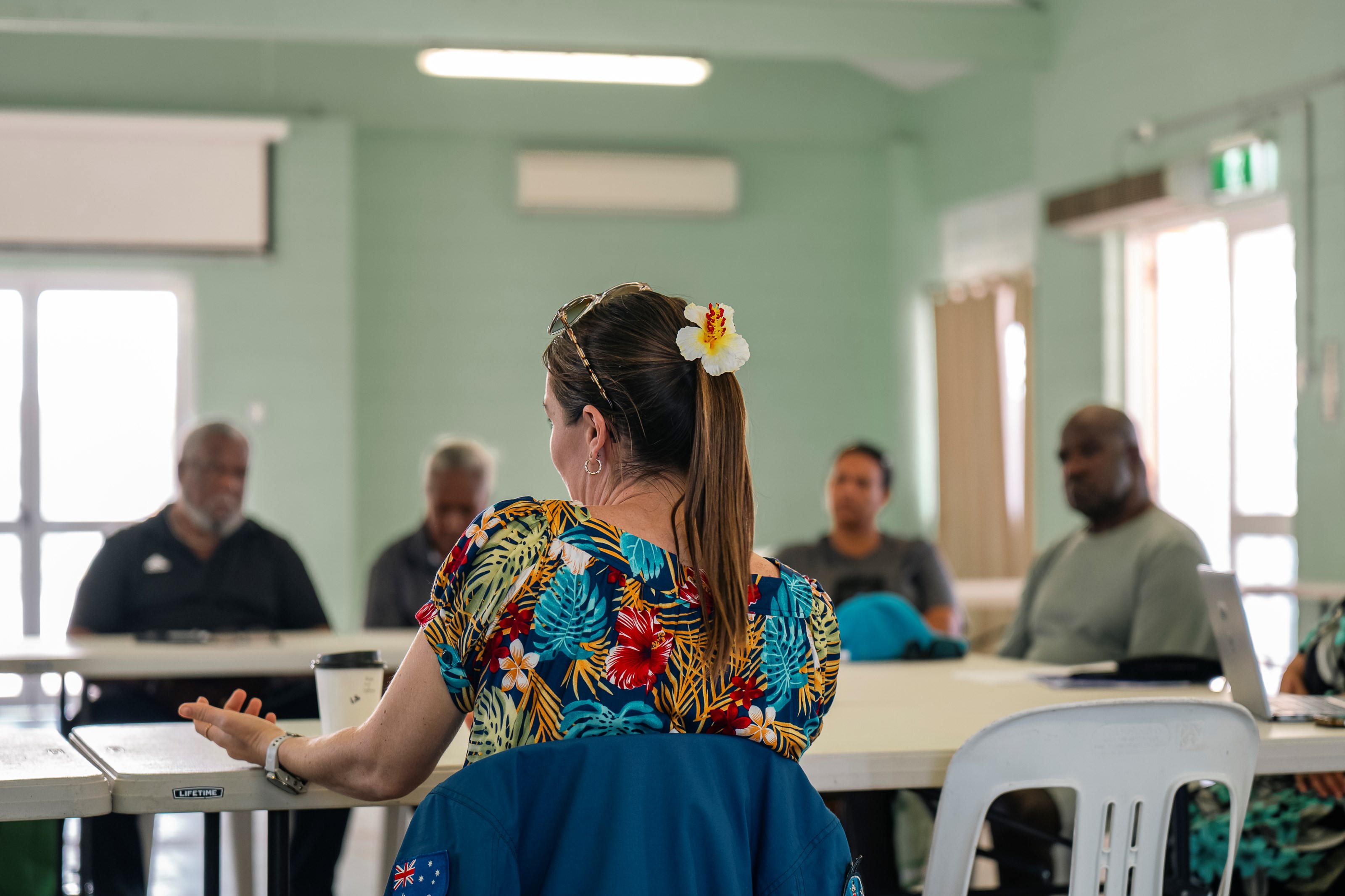 Aussie astronaut Katherine Bennell-Pegg speaking with the local community in the Torres Strait