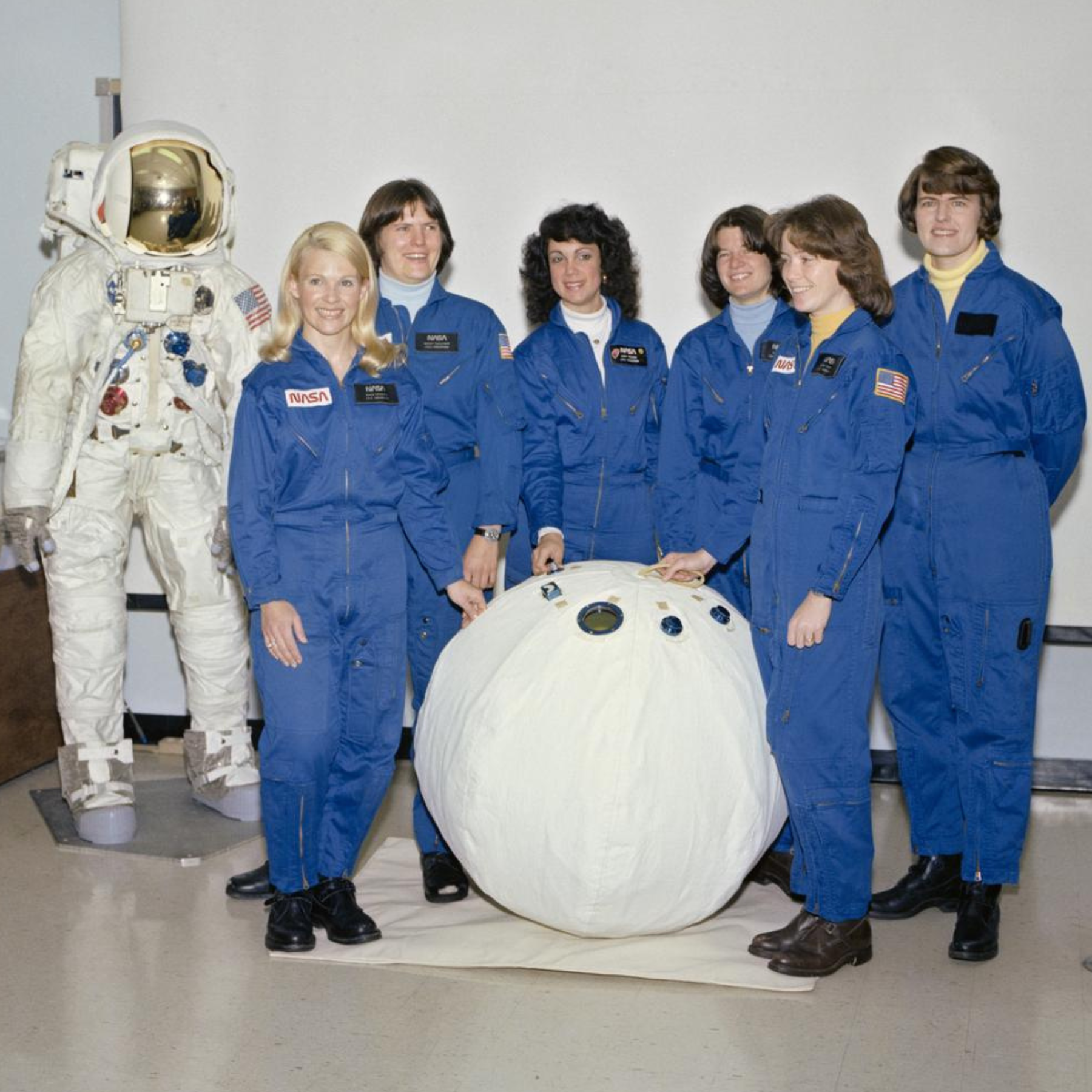 The “Astronaut Class of 1978” (Group 8), included the first female astronauts, seen here posing with a “Personal Rescue Enclosure Credit: NASA