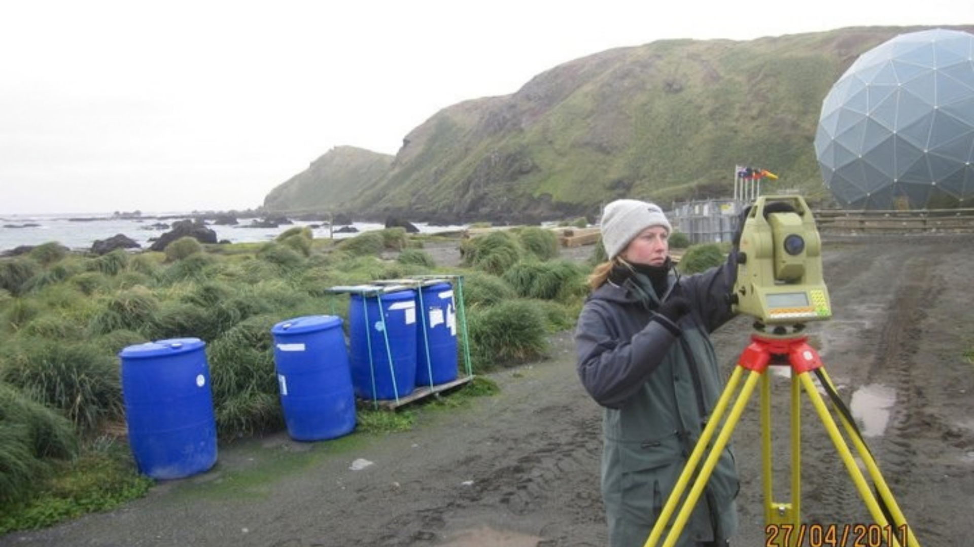 Anna undertaking fieldwork on Macquarie Island during Honours for connection of GNSS infrastructure with the tide gauge. Credit: Nicholas Brown, Geoscience Australia