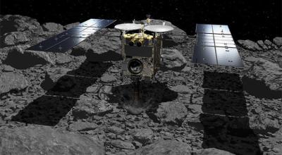 Hayabusa2 illustration showing touchdown on the asteroid Ryugu.