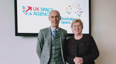 Photo of UK and Australian Space Agency heads. Dr Graham Turnock, CEO UK Space Agency and Dr Megan Clark AC, Head of the Australian Space Agency.