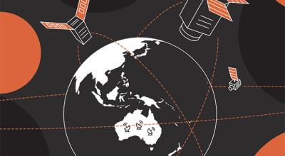 Image from cover of the Earth Observation from Space roadmap showing an illustration of the earth with telescopes pointed at satellites.