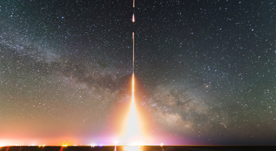 A time-lapse photograph of a rocket launch.
