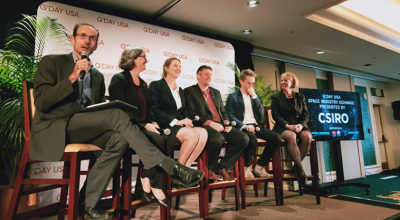 Photo of panel members on stage at the 35th Space Symposium