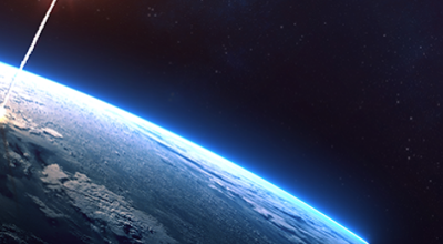 View of the Earth from space with a rocket launching.