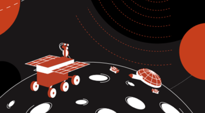 Image from cover of the Robotics and Automation roadmap showing an illustration of the lunar surface with multiple rovers and Earth in the distance. 