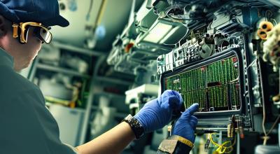 Engineering tech working on spacecraft