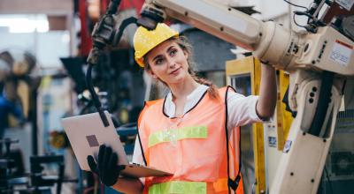 Robotics engineer inspects robotic manufacturing arm