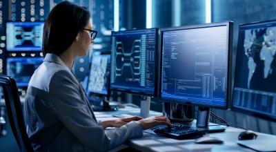 Systems engineer sits a modern desk with multiple screens