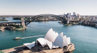 View of Sydney harbour bridge and opera house from above