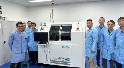 Photo of team in the lab next to tester.