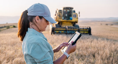 A farmer working on a tablet on a farm.