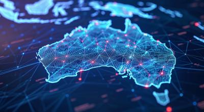 Digital map of Australia, concept of global network and connectivity, data transfer and cyber technology, business exchange, information and telecommunication