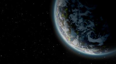 Image of Earth from space, with the planet on the right of the image