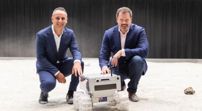 Minister for Industry and Science, Ed Husic and Head of the Australian Space Agency, Enrico Palermo posing with Roo-ver, Australia's first lunar rover