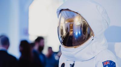 A headshot of an astronaut costume