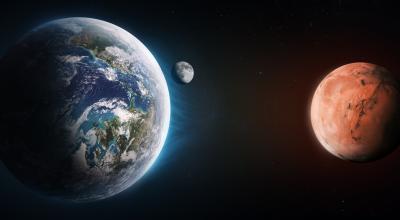 A view of earth from space with Mars in the backdrop