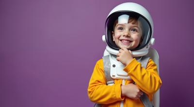 A graphic representing a young boy in an astronaut outfit.