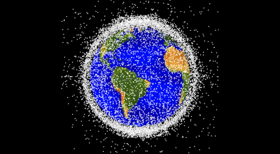 An illustration of space debris in orbit