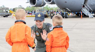 Royal Australian Air Force Group Captain Katherine Bennell-Pegg interacts with future Defence Space Command Astronauts at the opening of the RAAF Richmond Air Show 2025, NSW. Credit: Defence