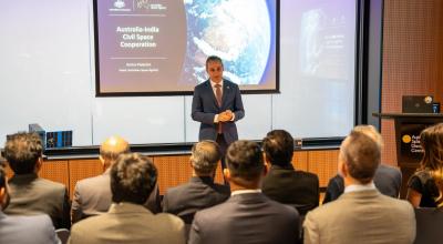 Head of the Australian Space Agency Enrico Palermo speaking to an Indian delegation during their visit to the Agency's headquarters in September 2014
