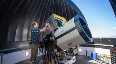 Associate Professor Francis Bennett working on telescope. Quantum Optical Ground Station (QOGS) providing space-to-ground communications. Mount Stromlo Observatory, Canberra, ACT, Australia 11.March.2026 (Nic Vevers/ANU)