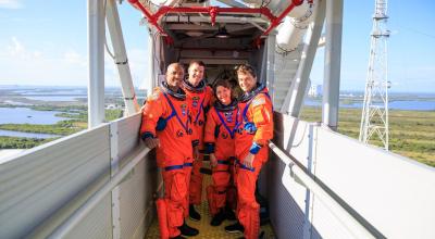 Artemis II NASA astronauts Reid Wiseman, Victor Glover, and Christina Koch, and CSA (Canadian Space Agency) astronaut Jeremy Hansen at the at Kennedy Space Center in Florida, US.