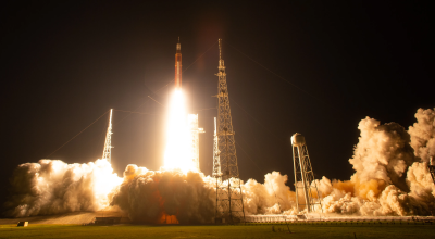 SLS and Orion lifted off from Launch Complex 39B at Kennedy at 1:47 a.m. EST on Nov. 16, illuminating the night sky. An initial assessment showed the rocket performed with precision, meeting or exceeding all expectations during its debut launch. NASA/Joel Kowsky.