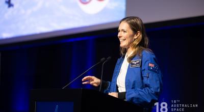 Australian astronaut Katherine Bennell-Pegg speaking at an event.