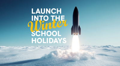 Digital poster reading winter school holidays with an rocket in the backdrop