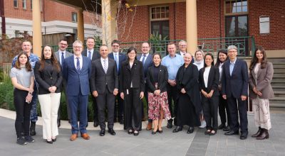 Mr Enrico Palermo, Head of the Australian Space Agency, and Ms Ngiam Le Na, Chief Executive of the National Space Agency of Singapore. Australian officials from Geoscience Australia, Commonwealth Scientific and Industrial Research Organisation (CSIRO), Department of Foreign Affairs and Trade (DFAT) and Austrade are also present in this photo.
