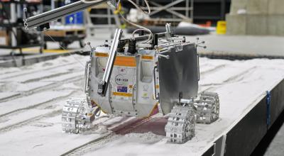 a new Roo-ver prototype that is Developed by the ELO2 consortium in partnership with the Australian Space Agency is being tested at Adelaide University's EXTERRES CRATER Facility
