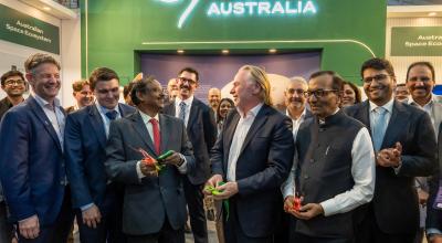 Head of Mission Phillip Green OAM opening the Team Australia Stand alongside ISRO Chairman Narayanan, and INSPACe Chairman Goenka.                                                               i.      From left to right of note: Dan Lloyd (SIAA), Dominic Shumilin (ASA), Nathan Davis (Austrade), Chairman Narayanan (ISRO), Luke Phillips (ASA), HoM Green, Chairman Goenka.