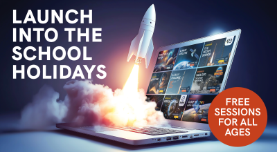 Digital poster reading school holidays sessions for all ages with an illustration of a rocket being launched from a laptop